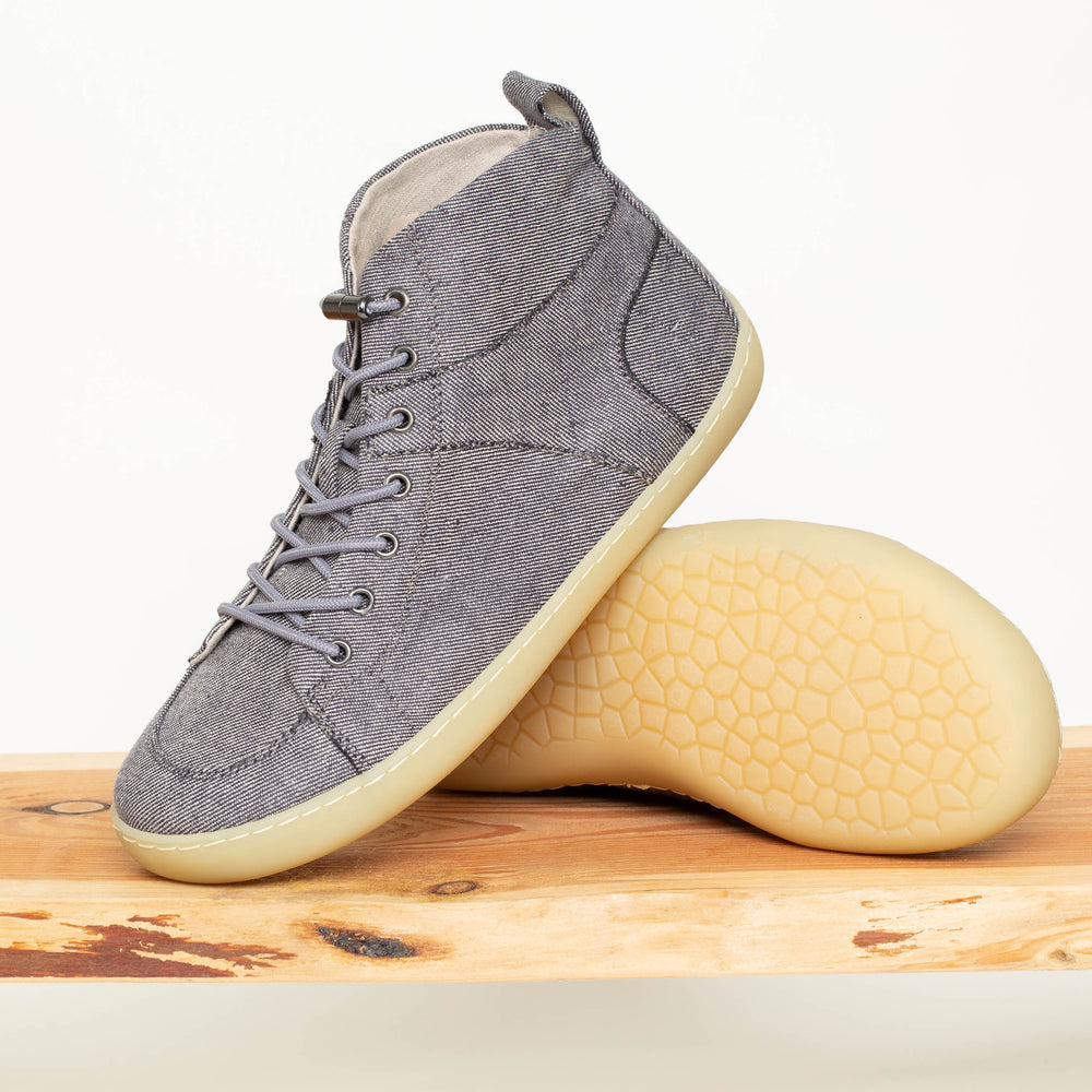 knöchelhoher Barfußschuh aus Bioleinen blaugrau