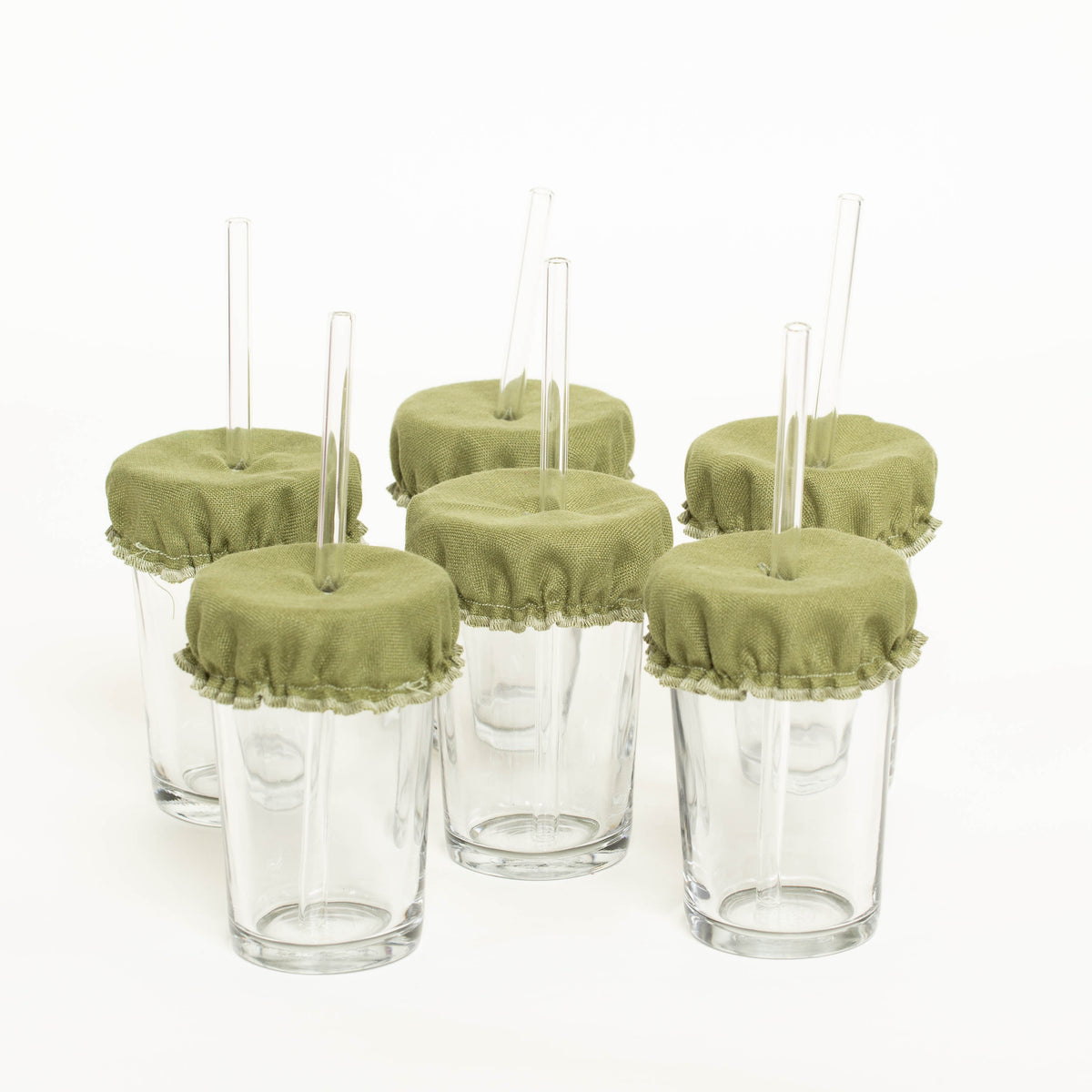6 Glasabdeckungen aus Leinen mit Glashalmen grün